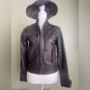 Distressed Brown Leather Jacket with Hood Size XS